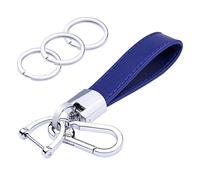 wisdompro Genuine Leather Car Keychain, Universal Key Fob Keychain Chain Holder for Men and Women, 360 Degree Rotatable, with Anti-lost D-ring, 3 Keyrings - Blue (Silver Carabiner Clip), 5 inches