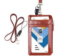 Wisdompro PU Leather ID Badge Holder Lanyard with Zipper Pocket, Brown
