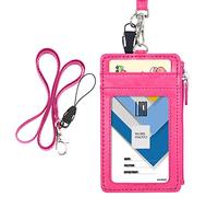 Wisdompro PU Leather ID Badge Holder Lanyard with Zipper Pocket, Hot Pink