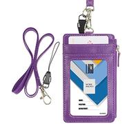 Wisdompro PU Leather ID Badge Holder Lanyard with Zipper Pocket, Purple