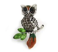 Wise Crystal Owl Brooch In Silver Tone Metal (Grey/Green) - 40mm Long