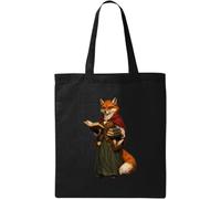 Wise Fox Scholar Holding Ancient Books Natural Cotton Tote Bag Black