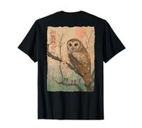 Wise Owl and Cherry Blossoms Japanese Woodblock ART BACK T-Shirt