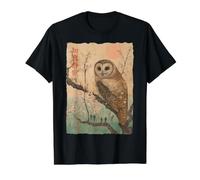 Wise Owl and Cherry Blossoms Tree Japanese Woodblock Art Value Graphic T-Shirt, Men, Black, S