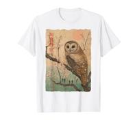 Wise Owl and Cherry Blossoms Tree Japanese Woodblock Art Value Graphic T-Shirt, Men, White, L
