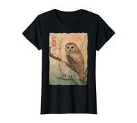 Wise Owl and Cherry Blossoms Tree Japanese Woodblock Art Value Graphic T-Shirt, Women, Black, M