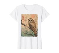 Wise Owl and Cherry Blossoms Tree Japanese Woodblock Art Value Graphic T-Shirt, Women, White, XS