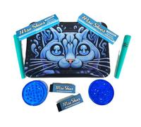 Wise Skies Blue Trippy Kitty Rolling Tray Bundle Double Sided Matte Psychadelic Design Cat mushroom Design and Blue King Size Rolling Papers Tips Cone Holder