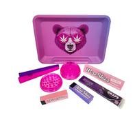 Wise Skies No Care Bear Small Rolling Tray Set With Pink King Size Slim Rolling Papers Juicy Jay Purple Rolling Tips Crusher Cone Holders (8 Items)