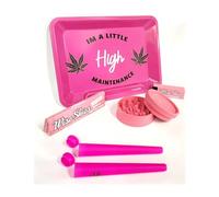 Wise Skies Pink High Maintenance Small Rolling Tray Set Bundle Crusher Cone Holders Rolling Papers Tips