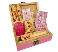 Wise Skies Pink Rolling Box Gift Set - Medium Wooden Storage Box with Rolling Papers, Tips & Accessories | Travel-Friendly Smoke & Lifestyle Kit