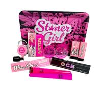 Wise Skies Pink Stoner Girl Rolling Tray Set Rolling Paper Tips Crusher Lighter Leash Cone Holders Bundle