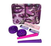 Wise Skies Purple Buzz Rolling Tray Bundle With Pink King Size Slim Rolling Papers Purple Tips Cone Holders Crusher (7 Items)