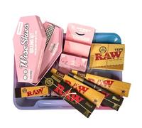 Wise Skies Royal Highness Small Rolling Tray Set With Pink King Size Papers On Roll and Raw Black Rolling Papers Pre-Rolled Tips Accessory Bundle Gift Selection Kit