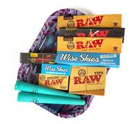 Wise Skies Silence Rolling Tray Set With Blue King Size Slim Rolling Papers and Perforated Tips With Raw Classic Pre-Rolled Wide And Black Tips