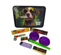 Wise Skies The Dawg Small Rolling Tray Set With King Size Slim Raw Black Papers Purple Rolling Tips and Crusher Smoker Rolling Bundle Kit (8 Items)