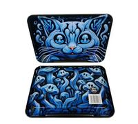 Wise Skies Trippy Kitty Blue Rolling Tray Double Sided Small Matte Finish Graphic Psychadelic Design for Cigarette Rolling Accessory