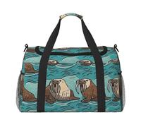 Wise Walrus Print Travel Duffel Bag for Men & Women, Foldable Travel Bags and Spacious Weekender Tote Bag for Storage Toiletry Luggage Personal Item, Black, L