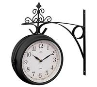 WiseAccordio Patio clock 23 cm Round,Outdoor Dual Sided Station Clock,Garden decor clock, Waterproof outdoor clock,Station clock,Retro Dial Wall Clock (Black)