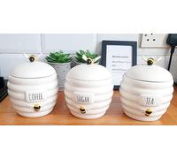 WiseAccordio Set of 3 Beehive Honeycomb Ceramic Canister|Tea Coffee Sugar Jar Kitchen Storage Set |Silicone sealed lid |Hand-painted bees & sign (3)