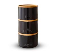 WiseAccordio Set of 3 Black Stacking Canisters for Tea, Coffee, Sugar - Air Tight Lid Kitchen Storage Jars