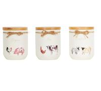 WiseAccordio Set of 3 Ceramic The Farm Canisters Tea Coffee Sugar Jars| Canisters Tea Coffee Sugar Jars| Kitchen Storage Jar Set With Bamboo lid airtight silicone seal
