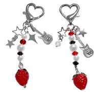 Wisebom 2 PCS Aesthetic Y2K Keychains - Cute Strawberry Beaded Keychain with Guitar, Pentagram Star, Heart Designs for Fashionable Teens & Girls