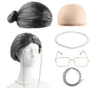 Wisebom Old Lady Cosplay Set, 5Pcs Grandma Fancy Dress Kit Include Grey Granny Wig with Wig Cap Faux Pearl Necklace Glasses with Chain for Costume Cosplay Masquerade Carnival