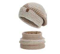 WISEHUBY 2Pcs Winter Warm Women'S Woolen Beanie Scarf Thick Warm Two-Piece Ear Protection Bonnets Scarf Outdoor Skiing Angora Knitted Hat-Khakis-55-60Cm