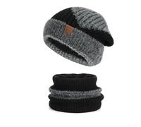 WISEHUBY 2Pcs Winter Warm Women'S Woolen Beanie Scarf Thick Warm Two-Piece Ear Protection Bonnets Scarf Outdoor Skiing Angora Knitted Hat-Black-55-60Cm
