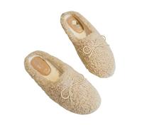 WISEHUBY Luxury Lambwool Moccasins Femme Winter Cotton Shoes Women Warm Plush Loafers Comfy Curly Sheep Fur Flats Woman Large Size 40-43-Apricot Bow Slippers-8.5
