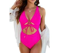 WISEHUBY Swimming Costume Women，Summer high-slit push-up swimsuits, cross-back one-piece swim, elegant beach swimwear.-Hot Pink-S