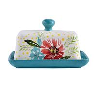 Wisenvoy Ceramic Butter Dish with Lid, Hand Painted Flower Design Porcelain Butter Keeper with Handle Contemporary Kitchen Décor, Jade Green
