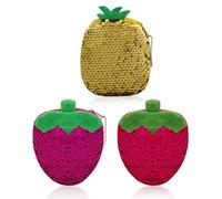 WisePoint 3 PCS Coin Purse for Women, Cute Fruit Pattern Small Pouches with Zipper, Sequins and Plush Purse for Travelling Working Shopping Dating (Red+ Pink+ Yellow, 3pcs)