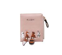 WisePoint Coin Purse PU Leather Purse with 9 Slots, Portable Ladies Purse with Zipped and Snap, Bifold Purses Cute Ladies Wallet with Embroidered Animal Pattern for Traveling, Working (Pink)