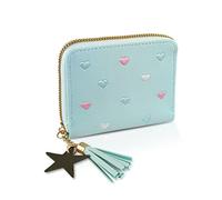 WisePoint Ladies Purse Wallet, PU Leather Credit Card Wallet with Card Slots, Solid Color Wallet with Zipper and Embroidery Heart Pattern, Lady Credit Card Holder with Star Pendant…, Blue, L11 x W8 x