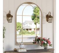 Wiserset Arched Gold Antique Mirror, 24" x 36" Arch Window Mirror with Beaded Metal Frame, Vintage Gold Arch Mirror, Decorative Wall Mirror for Living Room, Courtyard, Bedroom, Entryway