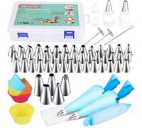WisFox 85 pcs Icing Piping Nozzles Tips, Cake Cupcake Decorating Supplies Kits Include 50 Piping Nozzles, 22 Piping Bags, 5 Cupcake Mold, 4 Mouth Adapters, 2 Flower Nails, 1 Silk Flower Pen, 1 Brush