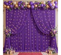 Wish Care 10x10ft Purple Backdrop Curtains with Lights String for Parties Wedding Wrinkle Free Curtains Soft Photo Drapes for Birthday Baby Bridal Shower Background Photography Decor 5x10ft, 2 Panels