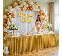 Wish Care 17ft Gold Satin Table Skirt for Rectangle Tables Wrinkle Free Glitter Desk Skirts Pleated Ruffle Table Cloth for Wedding Birthday Graduation Cocktail Party Buffet Display Table Decorations