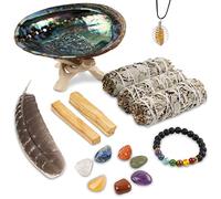 Wish Well Sage Smudge Kit - 3 White Sage Sticks, 2 Palo Santo Sticks, Abalone Shell, Tripod, Smudging Feather, 7 Chakra Stones