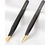 Wishbeauty 2-Piece Black & Gold Lash Extension Tweezers - Professional Straight Isolation & Curved Pointed Set for Classic, 3D 5D Volume & Mink Lashes