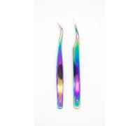 Wishbeauty Professional Eyelash Extension Tweezers Set - Rainbow Stainless Steel Straight Isolation & Curved Volume Lash Tweezers for Lash Techs, Classic & Cluster Lashes (2 Pcs)