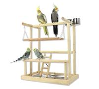 WishesMar Bird Playground Parrot Play Stand with Feeder Cup Swing Climb Ladder and Tray Budgie Playground Cage Exercise Gym Toys for Parakeets Cockatiel, Wooden, Size About 15.8x10.2x18.0 In #J