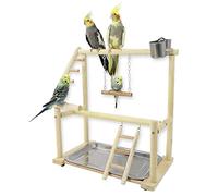 WishesMar Bird Playground Parrot Play Stand with Feeder Cup Swing Climb Ladder and Tray Budgie Playground Cage Exercise Gym Toys for Parakeets Cockatiel, Wooden, Size about 15.9x14.6x9.0 In