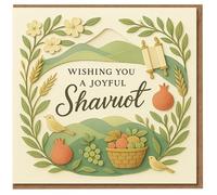 Wishing You a Joyful Shavuot Card - Pastoral Paper-Cut Style with Wheat, Pomegranates, Torah Scroll, Birds and Basket of First Fruits - Jewish Holiday Greeting Card