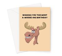 Wishing You The Most A-Moose-ing Birthday Greeting Card | Funny Moose Pun Birthday Card For Friend, Happy Moose Head, Have An Amazing Birthday, Animal Joke Birthday Card