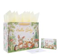 wishinside 13'' Large Baby Boy Girl Gift Bag Set with Handles, Greeting Card, Green Tissue Papers and Stickers for Birthday, Baby Shower, Newborn, New Moms, Woodland Animals Design, 1 Pcs