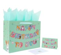 wishinside 13'' Large Cat Happy Birthday Gift Bag Set with Handles, Greeting Card, Green Tissue Papers and Stickers for Girls Kids Teens Women, Kitty-themed Banner Design, 1 Pcs