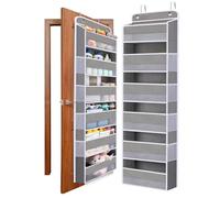 WishJazz Over Door Storage Hanging Organiser, 6 Large Pockets 8 Side Pockets, Anti Tilt 50 lb Back of Door Organiser with Clear Window for Bathroom, Nursery, Pantry, Baby Clothes Storage (Grey)